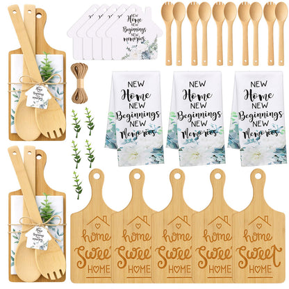Geelin 31 Pcs/5 Sets Housewarming Gifts Engraved Cutting Board New Home Beginning Memories Kitchen Towels Cards Bamboo Spoons House Warming Gift Set for Homeowner Neighbor Couple Apartment Kitchen