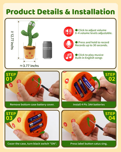 Dancing Talking Cactus Baby Toys 0-6 3-6 6-12 12-18 Months, Toddler Boys Girls Gifts for 2 3 4 5 6 7 8 9 10 Month Old Baby Toy Singing Mimicking Recording Repeating What You Say with 120 English Songs