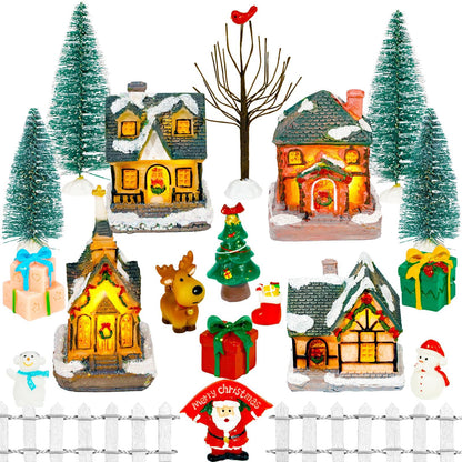 Warmtree 22 Pcs Christmas Village Houses Set, Resin Christmas Scene Village Town, Santa Tree Picket Fence Snow Figurines Accessories for Holiday Home Garden Office Festival Decor