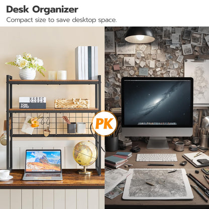 HOOBRO Desktop Bookcase, 2-Tier Desktop Organizer, 29.9" Wooden Office Storage Rack with Outlets, Display Shelf Rack with Light Strip, Desk Hutch for Office, Rustic Brown BF11UDSJ01