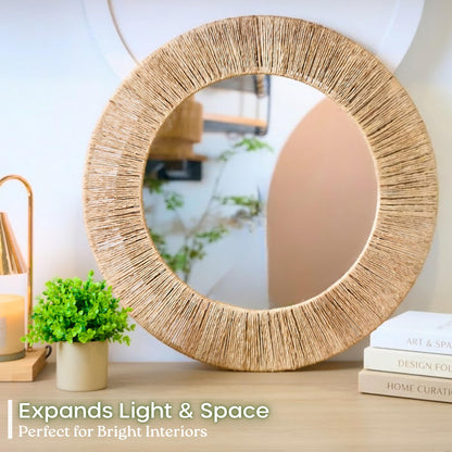 Chi An Home 24 Inch Natural Jute Mirror, Wall Mounted Round Mirror with Metal Frame, Wall Decor Rustic Farmhouse Boho Decor Accent for Bathroom, Bedroom, Living Room, or Entryway