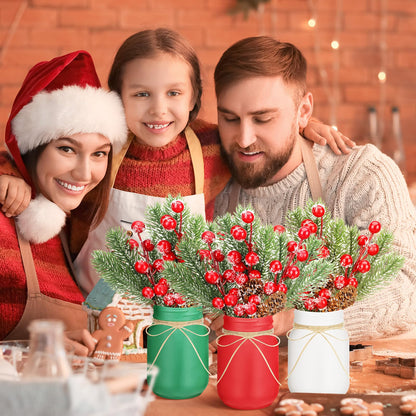 Jexine 12 Pcs Christmas Mason Jar Centerpieces Table Decor with Artificial Snow Pine Cone Red Berry Xmas Wooden Sign for Holiday Farmhouse Home Dining Table Kitchen Tiered Tray Decor