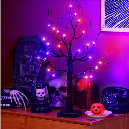 Ganeen 2 Pcs Halloween Decorations Indoor 24 Inch/2 ft Lighted Orange and Purple Birches Tree with Timer 48 LED Lights Willow Battery Operated Artificial Black Tabletop Spooky Tree for Home and Party