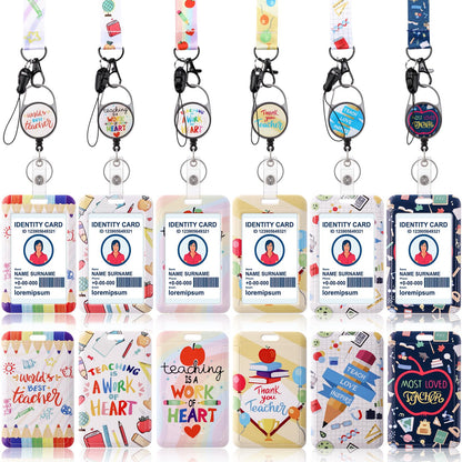 Geyoga 6 Pack Christmas Teacher ID Badge Holder with Breakaway Lanyard Pencil Book Cute ID Badges with Retractable Clip Card Holder Keychain for Women Christmas Gifts (Cute)
