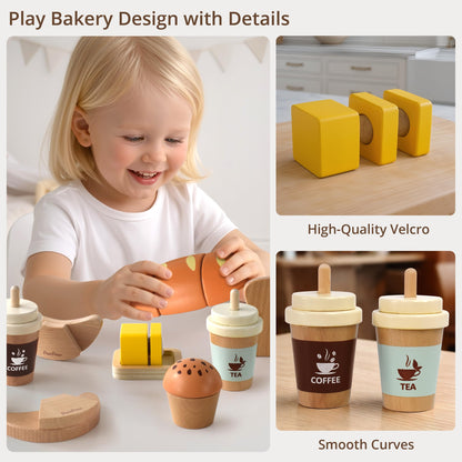 PairPear Wooden Bakery Play Food Set, Pretend Play Kitchen Accessories with Shopping Bag, Kids Cutting Food Gift for Boys and Girls Ages 3+