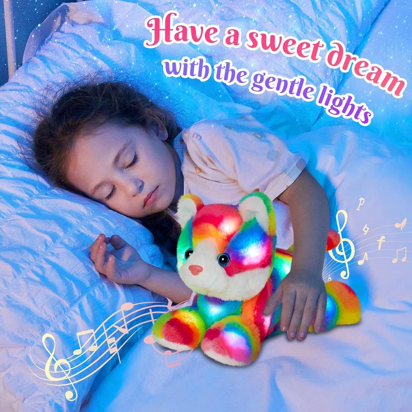 Glow Guards Light up Rainbow Cat Stuffed Animal Soft Kitty Plush Toy with LED Night Light Christmas Children's Day Birthday Gifts for Toddlers Kids Boys and Girls Children, 13''