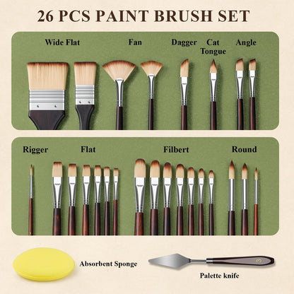 REDSHELL 26pcs Paint Brush Set, Travel Watercolor Acrylic Paint Brushes with Flat, Filbert, Fan, Dagger, Cat Tongue, Round, Palette Knife, Professional Paintbrush Kit for Artist, Oil, Face Painting