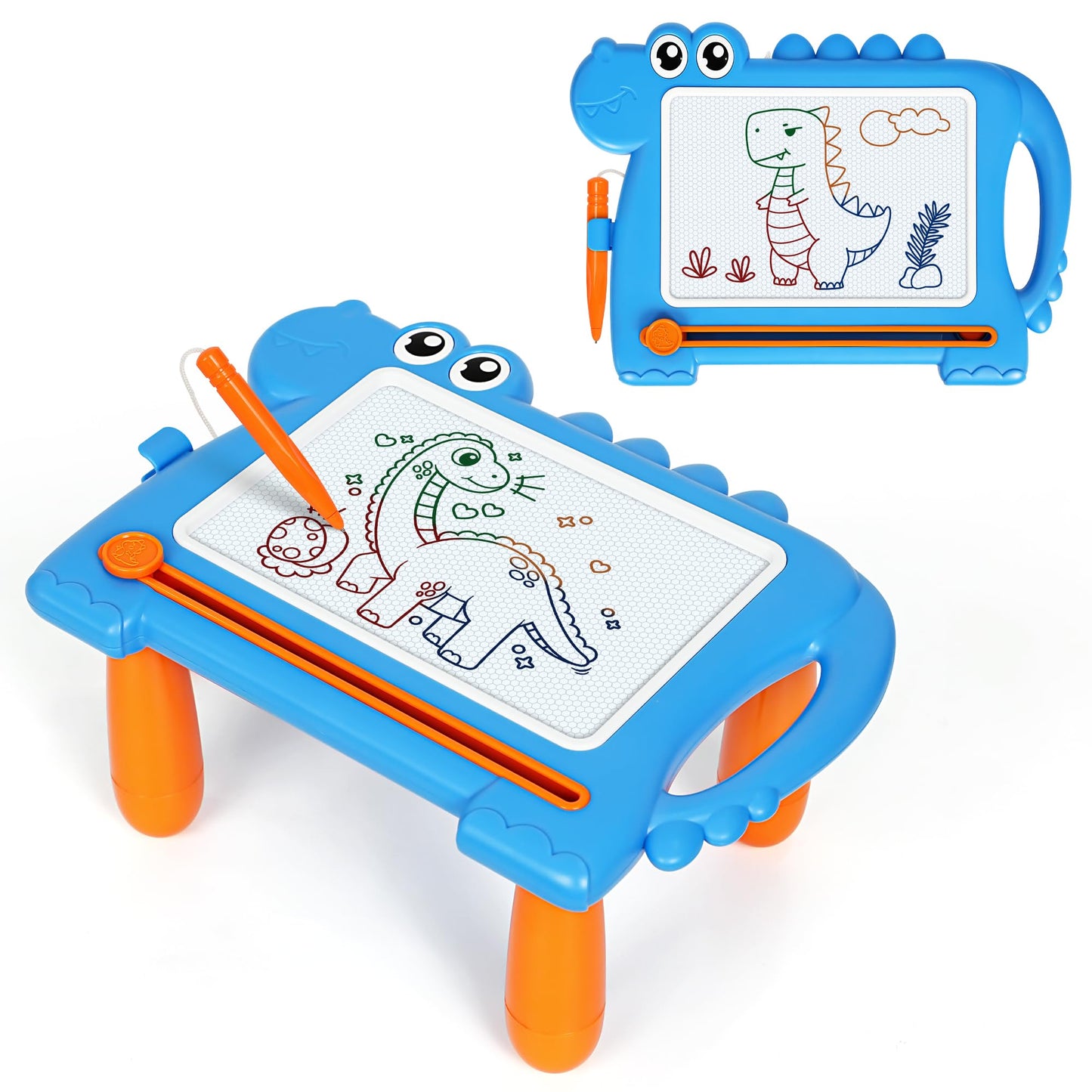 AiTuiTui Magnetic Drawing Board for Toddlers 1–3, Cute Dinosaur Doodle Board with Detachable Legs & Carry Handle, No Stamp Mess-Free Writing Pad, Safe Educational Toy for Kid Boys & Girls Gift, Blue