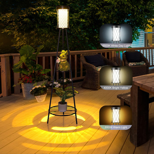 Satucol 1 Pack 45.4'' Outdoor Floor lamp IP65 Waterproof, Solar Lights Outdoor with 2 Plant Stand,Outdoor Patio Decor with USB Charging Port 3 Lighting Modes for Porch Deck Yard and Garden