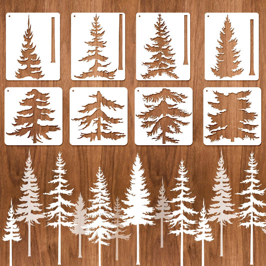 EVERJOYCRAFT 8pcs Large Pine Tree Stencils 4 Styles Reusable Tree Wall Stencils 32.5'' - 34'' Tall Forest Mural Drawing Templates for Wall DIY Art Crafts Painting Garden Wood Fence Tile