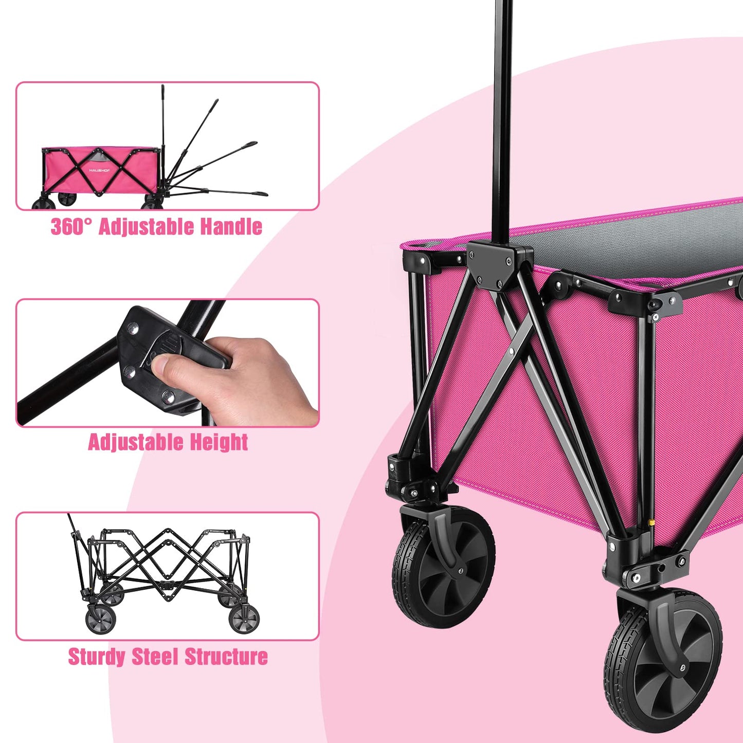HAUSHOF Heavy Duty Collapsible Wagon, Folding Outdoor Utility Wagon, Camping Garden Beach Cart with Universal Quick Release Wheels, Adjustable Handle, 176 lbs Load Capacity, Pink