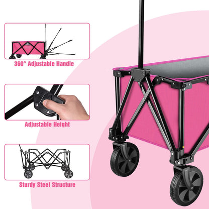 HAUSHOF Heavy Duty Collapsible Wagon, Folding Outdoor Utility Wagon, Camping Garden Beach Cart with Universal Quick Release Wheels, Adjustable Handle, 176 lbs Load Capacity, Pink