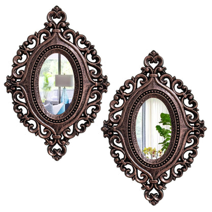 Cityelf 2 Set Oval Wood Carved Wall Mirror Baroque 3D Relief Rustic Home Decor Small Decorative Hanging Mirrors for Living Room, Bedroom Entrance Wall Sculpture