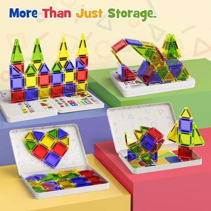 Mini Magnetic Tiles for Kids Travel - 40pcs STEM Building Blocks with Visual Storage Guide & Metal Box Play Base, Toddler Airplane Activities Toys for Ages 3-5,4-8, Compact Travel Toys