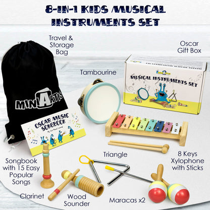 MINIARTIS Musical Instruments Set - Montessori Wooden Toys for Toddlers 1-3 | Modern Boho Baby Xylophone with Songbook | Neutral Colors Percussion Instruments | Kids Preschool Educational