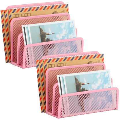 EASEPRES Desk Mail Organizer, Office Small Desktop Metal Mesh Envelope Letter Sorter Paper File Holder Organizer with 3 Vertical Upright Compartments, Pink 2 Pack