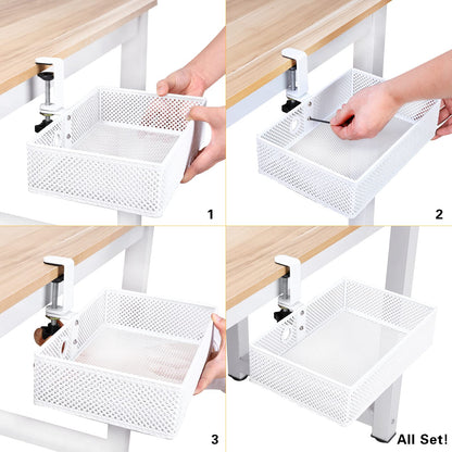 Euyona Mesh Desk Organizer and Clamp-on Swivel Pencil Drawer, Desk Hidden Desk Organizer Extra Sturdy C-Clamp Mount System and Easy to Instal, Home Office Art Supply Storage Box (White)