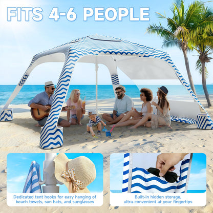 Beach Cabana with 4-Corner, UPF50+ Beach Canopy, Adjustable Height Beach Tent Sun Shelter, Sun Umbrella with Removable Side Wall, Shade Sun Shelter for Beach, Garden, Camping (Wave Pattern)