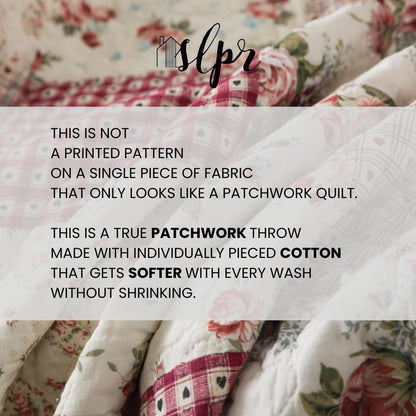 SLPR Cotton Quilted Throw Blanket, 50" x 60" Floral Farmhouse Patchwork Quilt, Shabby Chic Patchwork Throw Lap Quilt for Couch, Country Roses