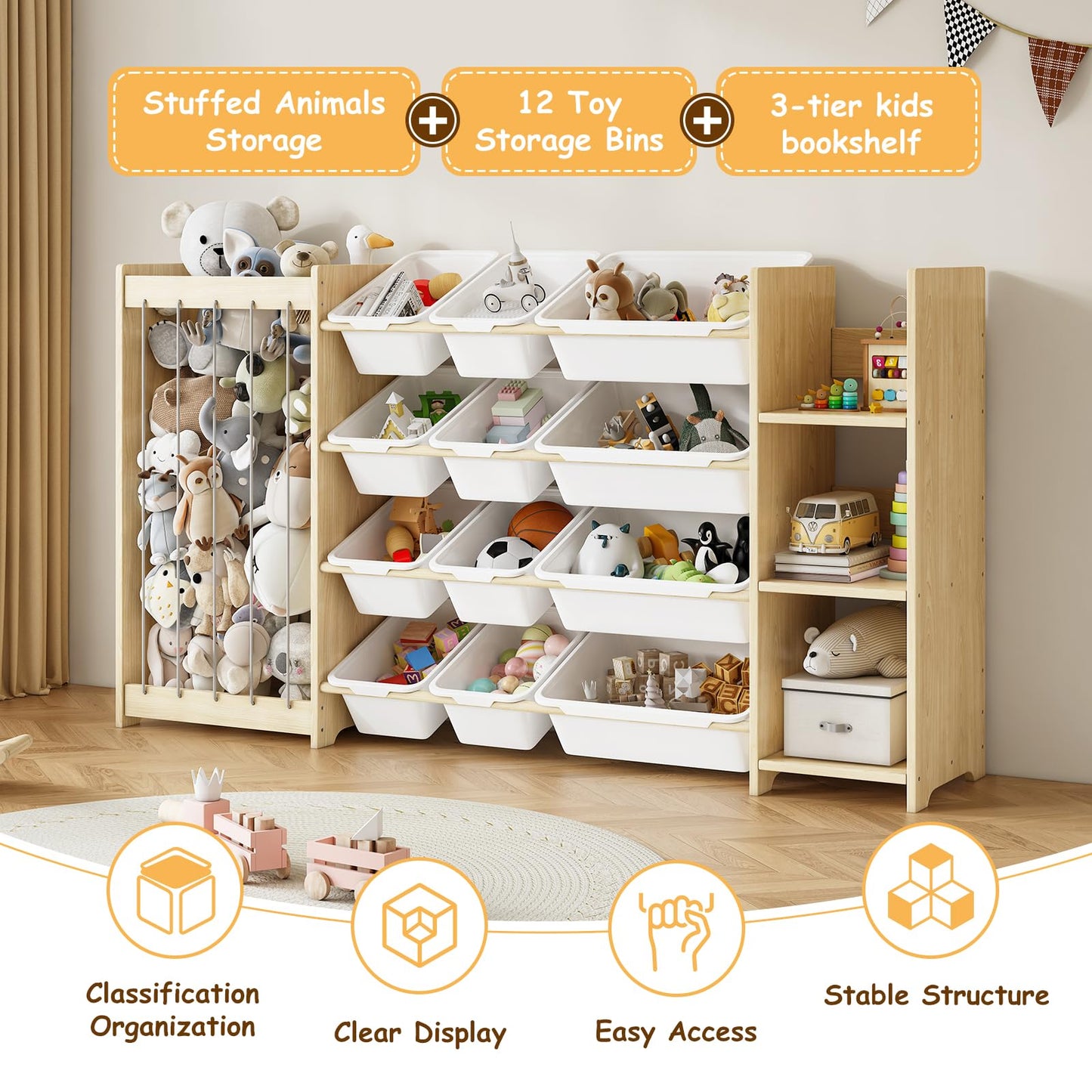 EXPERLAM 3-in-1 Toy Storage Organizer, Stuffed Animal Holder & 3-Tier Bookcase, Solid Wood Toy Organizer with 12 Storage Bins, Space-Saving Toy & Book Shelf for Kids Rooms, Bedroom, Playroom, White