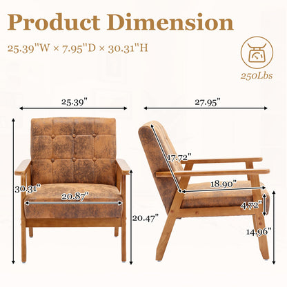 Kayflora Modern Accent Chair, Mid-Century Linen Armchair with Solid Wood Armrests, Button-Tufted Comfortable Cushioned Reading Chairs for Living Room, Bedroom (Coffee