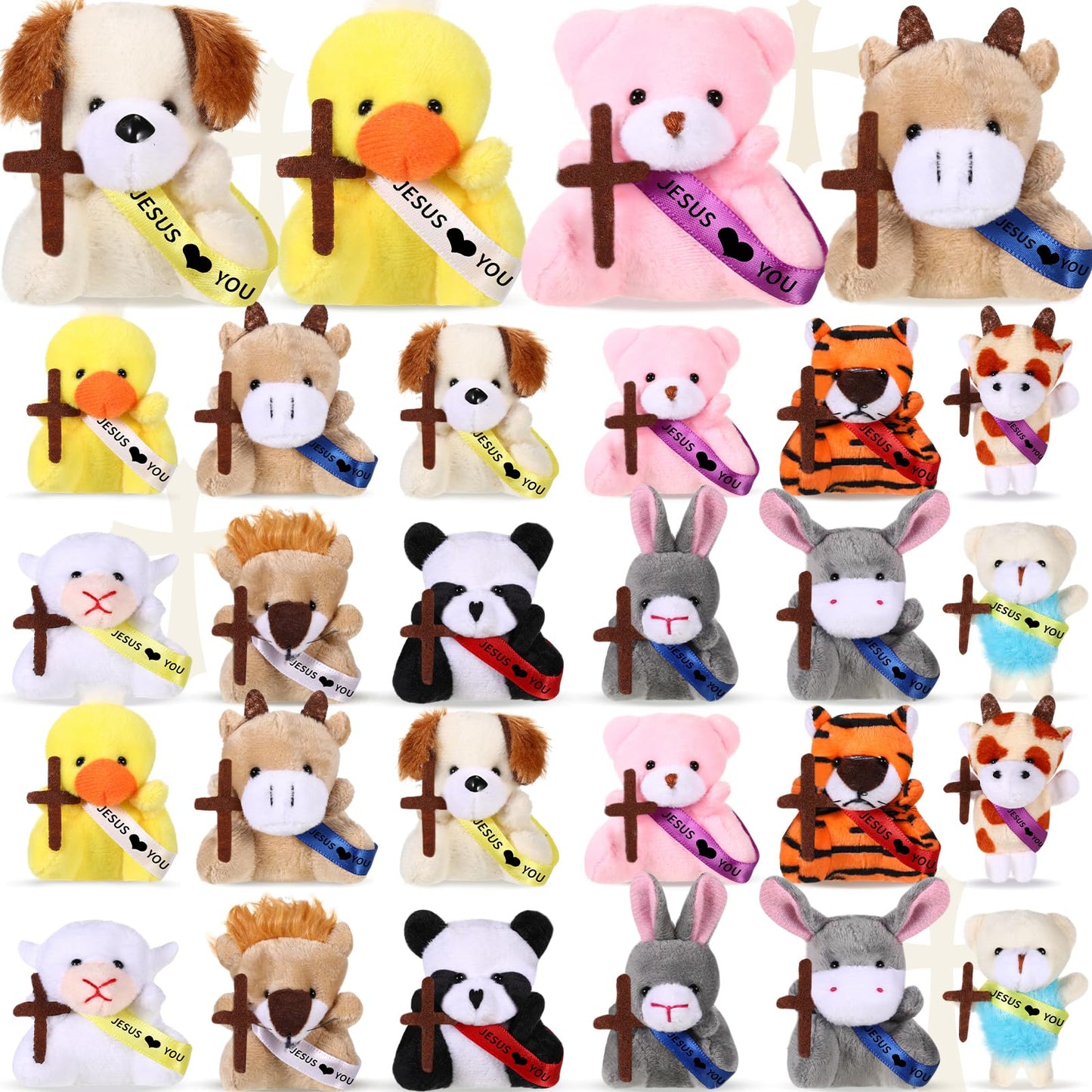 Soulchen 12 Pcs Jesus Love You Mini Plush Animal Toys for Kids Christian Small Stuffed Animal Toys with Ribbon and Cross Religious Gifts for Vbs Party Favors Easter Egg Fillers Church Decorations