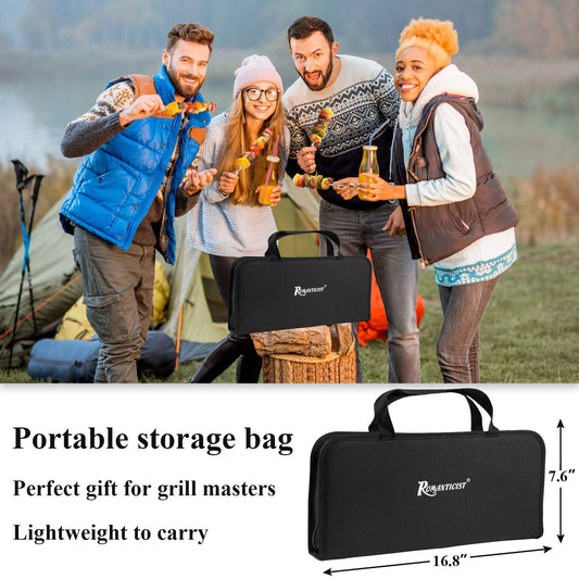 ROMANTICIST 27pcs Heavy Duty Grilling Gifts for Men Dad Fathers Day, Extra Thick BBQ Accessories Tools Set, Stainless Steel Grill Utensils Kit with Meat Claws,Canvas Bag for Outdoor Camping Brown