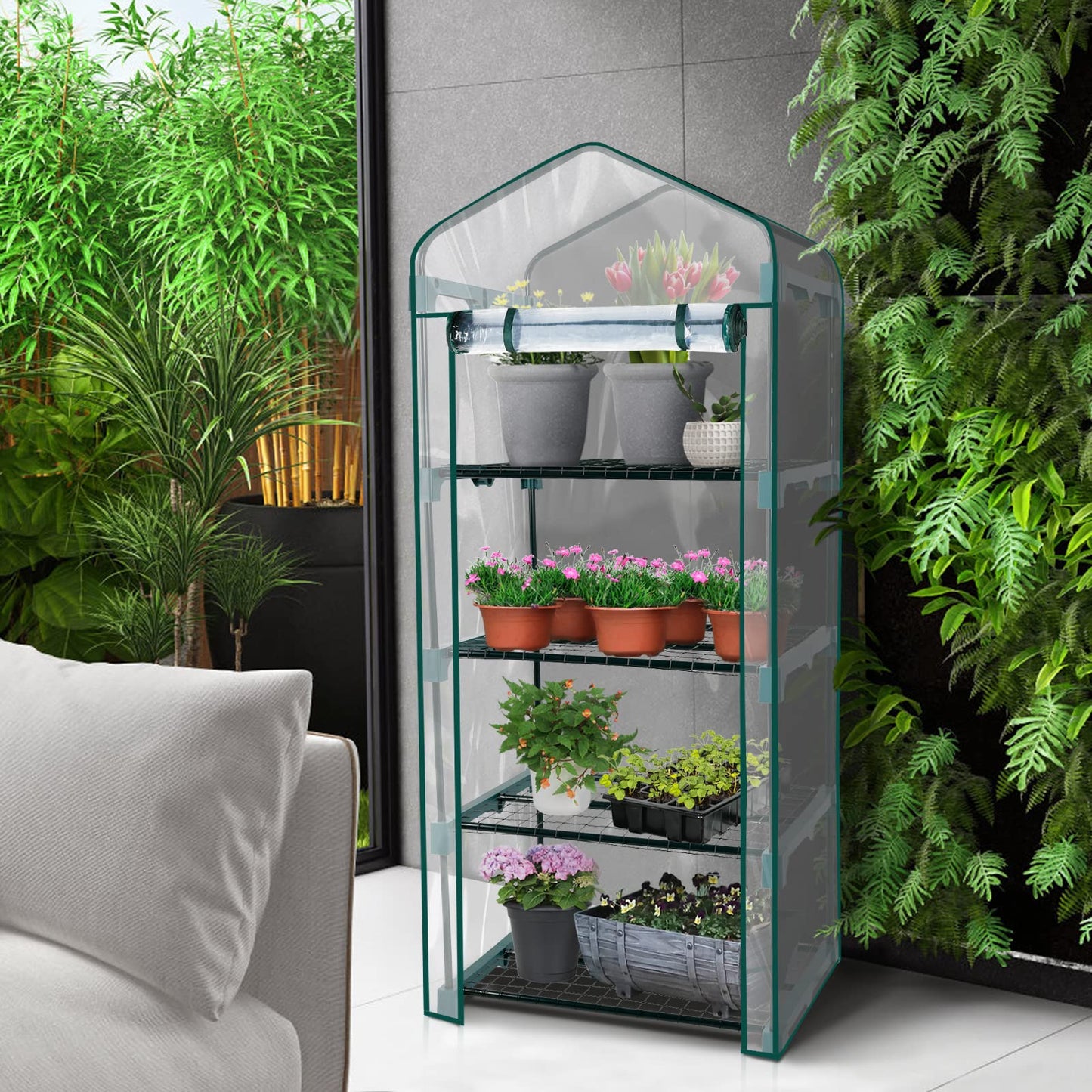 Solution4Patio 4-Tier Garden Mini Greenhouse Indoor/Outdoor Small Greenhouse Plant Shelves with Transparent PVC Thick Cover, Heavy Duty Frame, Double Zipper, 27 in. W x 19 in. D x 63 in. H