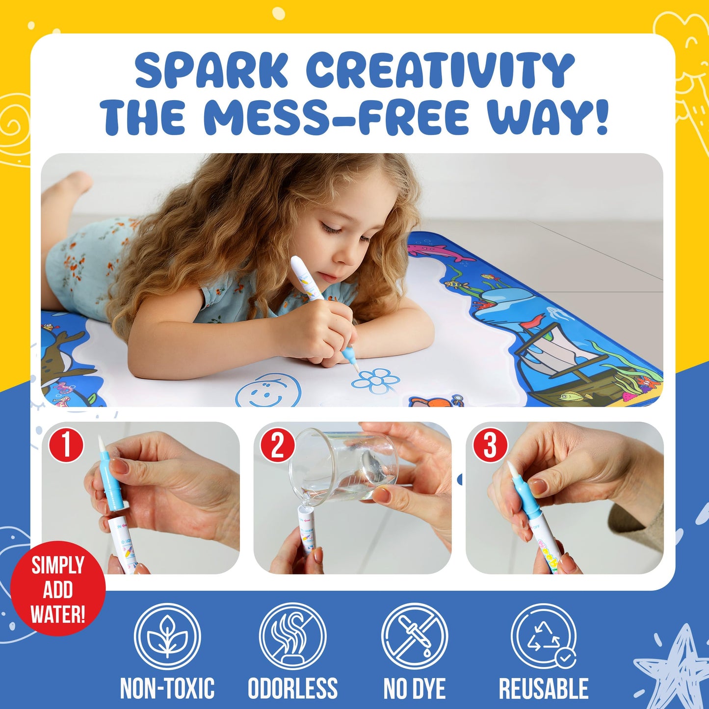 Water Doodle Mat -Sea Life 40 x 32 – Mess-Free Water Drawing Mat for Kids Ages 3-8 with Roller, Stamp Markers, Water Pens, Foam Shapes & Stencils