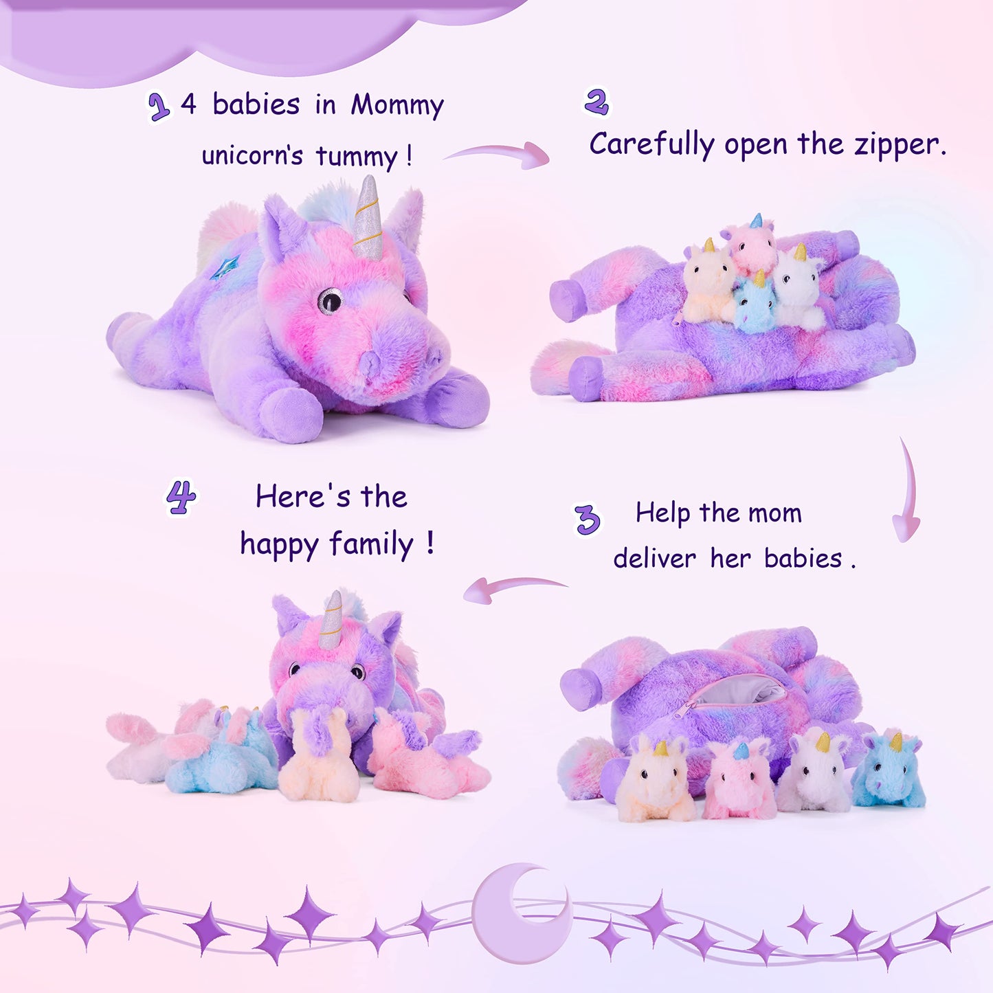 IKASA Mommy Unicorn Toys for Girls Age 4-6,Mom and Baby Stuffed Animal Plush Toy,Small Family Set Toy with Little Babies,Gifts for Kid (Unicorn,18")