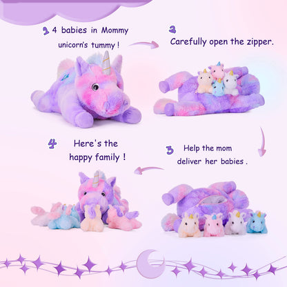 IKASA Mommy Unicorn Toys for Girls Age 4-6,Mom and Baby Stuffed Animal Plush Toy,Small Family Set Toy with Little Babies,Gifts for Kid (Unicorn,18")