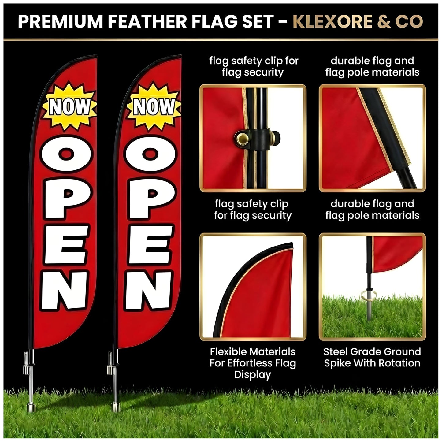 Feather Flag Pole Kit 15ft Tall 2 Pack with 12ft Tall Now Open Flags Feather Banner Advertising Open Flags for Business Grand Opening Signs Fiberglass Swooper Flag Poles with Heavy Duty Ground Spikes