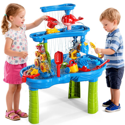 Sand Water Table for Toddlers Kids 2 3 4 5 6 Years Old, 3-Tier Sand and Water Table for Boys Girls, Splash and Play Activity Set with Rich Accessories for Outdoor Indoor Fun, Summer Beach Toy for Kids