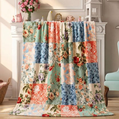 Hahafelt Boho Pastel Floral Throw Blanket Ultra Soft Fleece Patchwork Blanket for Couch and Bed Holiday Theme Cozy Throw Decoration Warm Gift for Spring Summer, 50 x 60 Inches