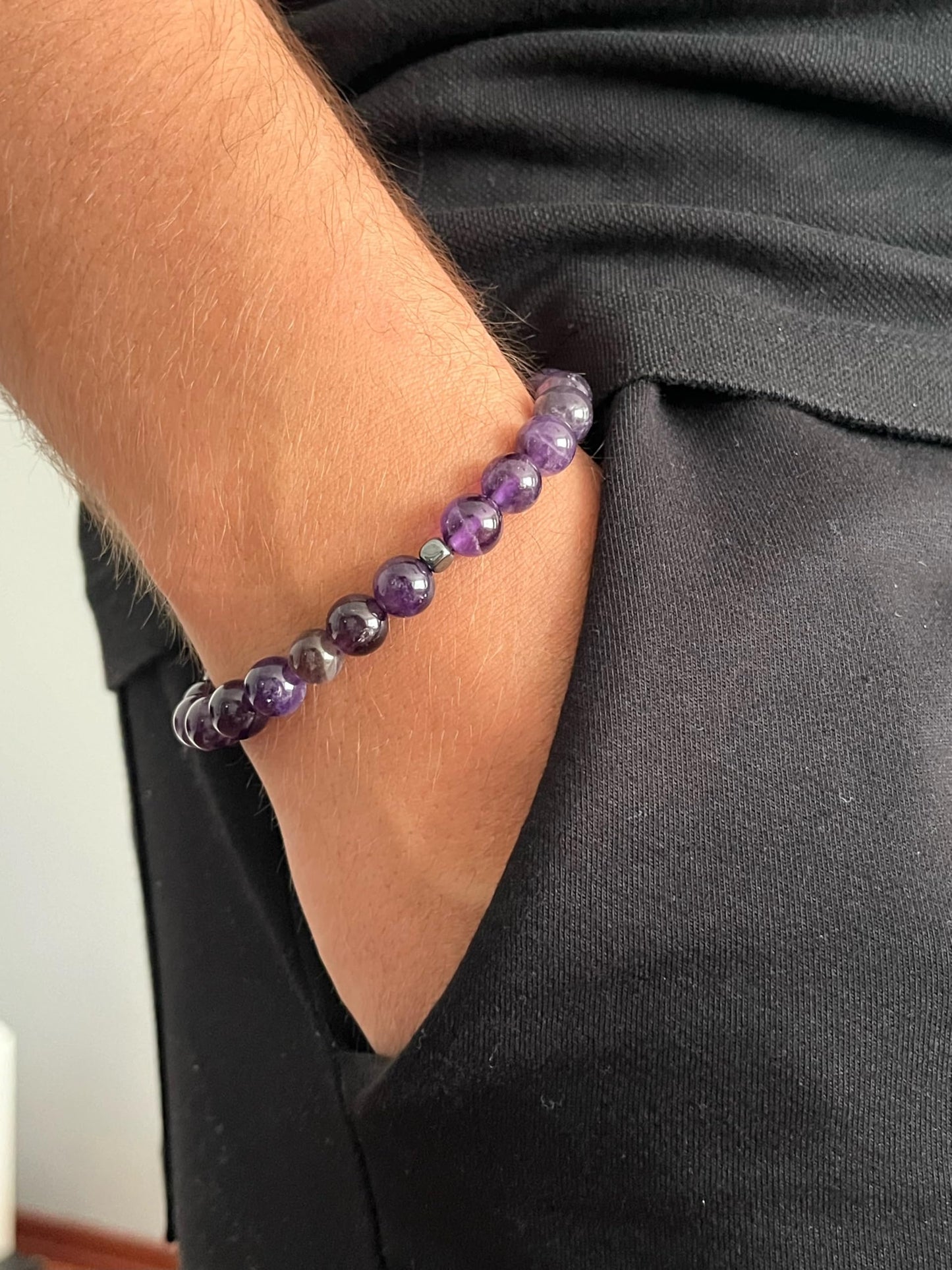joy-d 8mm Amethyst Beaded Bracelets with Natural Stone and Hematite Accents, Unisex Gemstone Beads Jewelry for Men and Women - Thoughtful Gift for Him and for Her