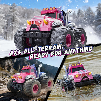 YEESWOOQI Remote Control Car for Girls, Waterproof Pink Monster Truck Toys W/Blocks & 360°Spin, 1:18 Amphibious RC Cars, 4WD All-Terrain Off-Road RC Trucks, Birthday Gifts Pool Toys for Kids Age 3-12