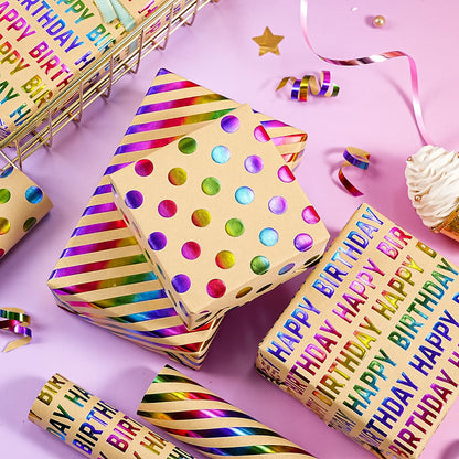 WRAPAHOLIC Kraft Birthday Wrapping Paper Roll - 3 Mini Rolls - 17 Inch x 120 Inch Per Roll - Rainbow Foi Happy Birthday Wrapping Paper for Boys Girls Kids, Baby Shower