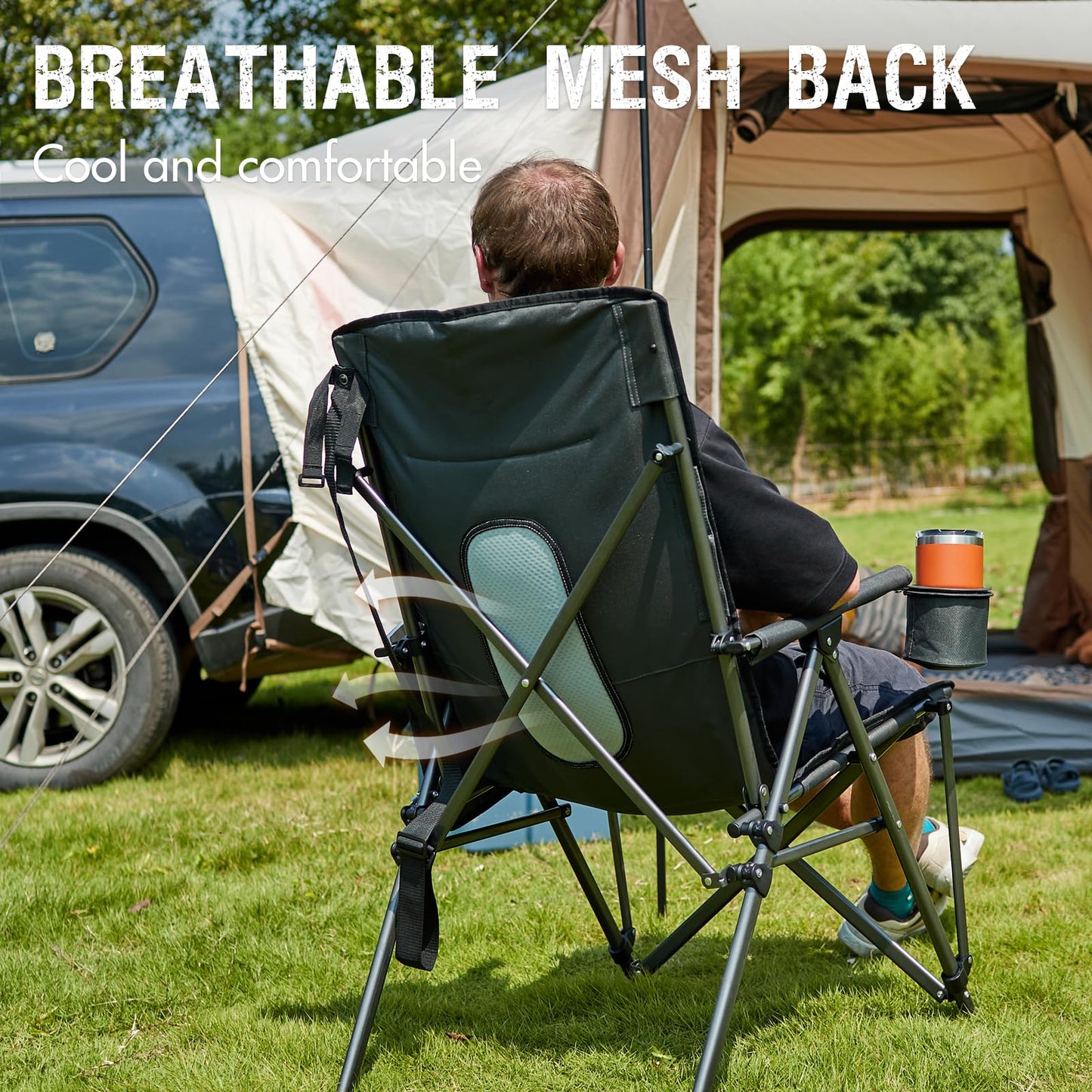 PORTAL Oversized Folding Camping Chair High Back Portable Lawn Chairs for Adults Outdoor Sports with Hard Armrest Cup Holder，Supports 400LBS Black