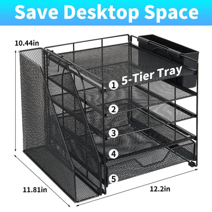 Gugsey Desk Organizer, 5-Tier Paper Letter Tray Organizer with File Holder, Drawer and Pen Holder, Desktop Organizer for Office Supplies, Black