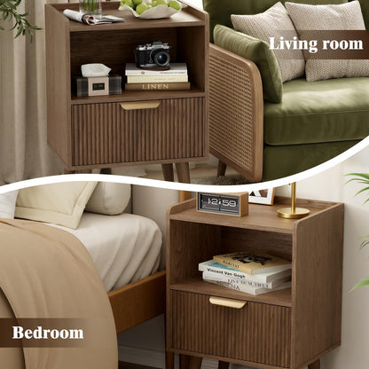 Apicizon Modern Nightstand with Storage Drawer and Open Wood Shelf, Fluted Night Stand with Solid Wood Legs, Bedside Table for Bedroom,Small Spaces, Easy Assembly,Walnut