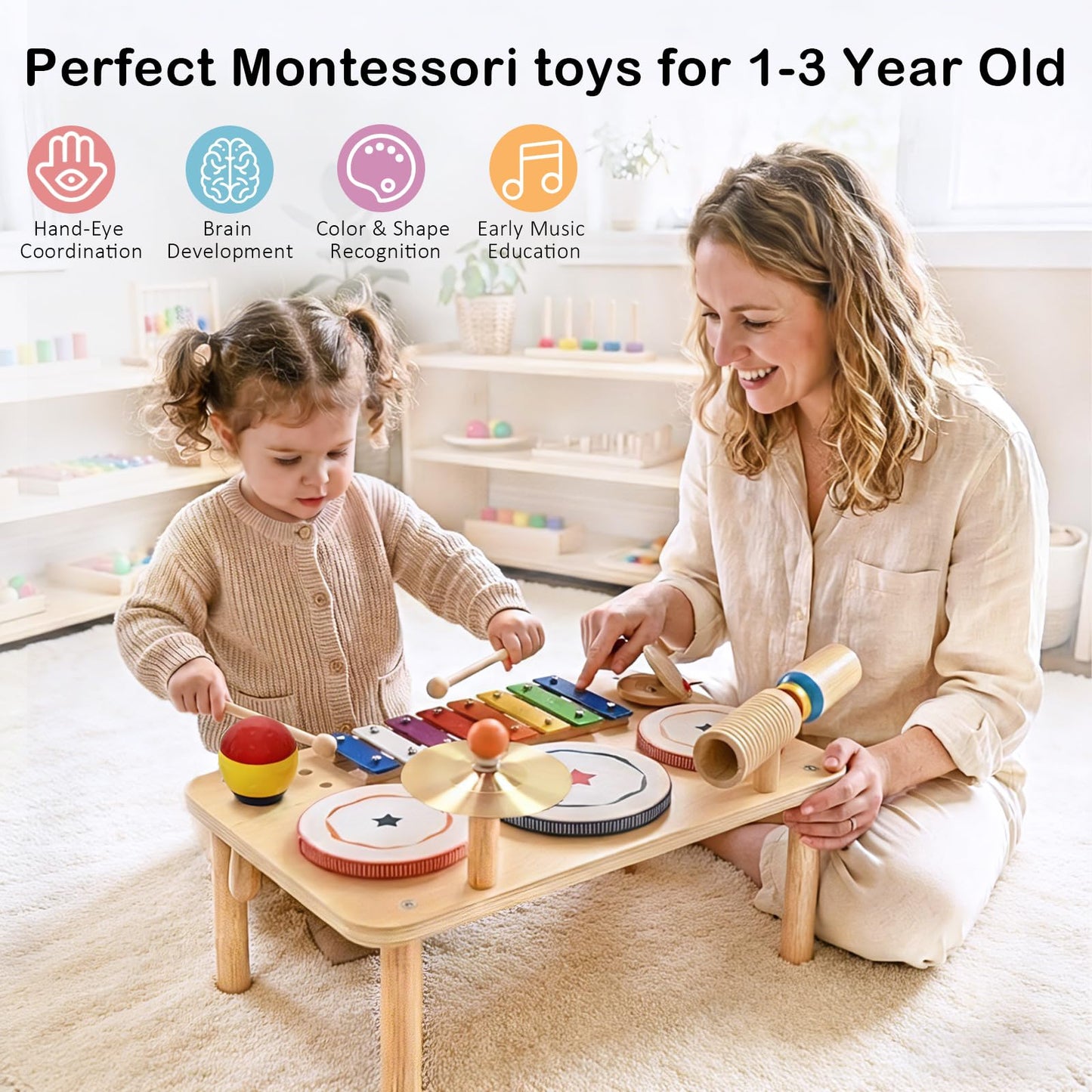 WINYGZ 9-in-1 Baby Drum Set, Low Noise Montessori Musical Instruments for Toddlers 1-3, Safe & Durable Wooden Music Toys for Quiet Sensory Play at Home, Great Birthday for Boys Girls