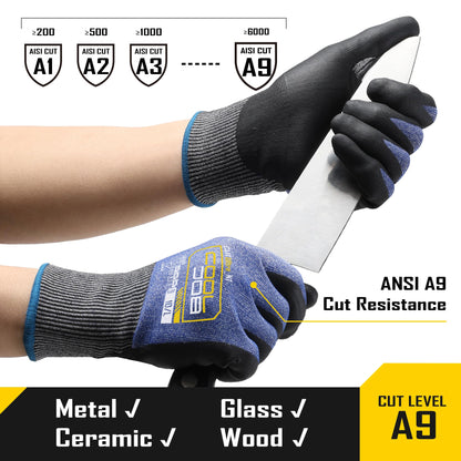 COOLJOB ANSI A9 Cut Resistant Gloves - 1/3 Pairs, Touchscreen Highest Knife Proof Level with Microfoam Nitrile Coated, Safety Work Gloves for Wood Carving, Glass Work, Construction, Blue Large
