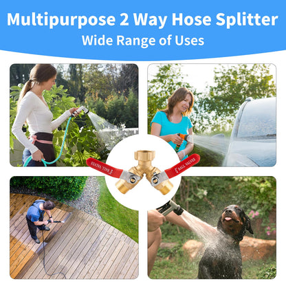 Garden Hose Splitter 2 Way Heavy Duty, Solid Brass Faucet Splitter with Shutoff, Outdoor Full Flow Y Valve Water Hose Splitter Adapter With Long Handle 3/4" GHT Thread