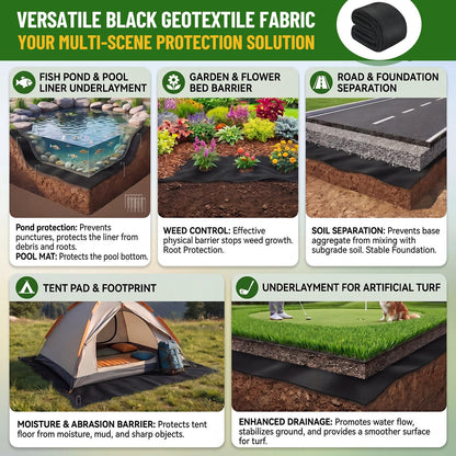 Fanfanwin 15 x 15 ft Pond Liner Underlayment 6oz Heavy Duty Black Non Woven Geotextile Underlayment Fabric with 10 U-pins for Outdoor Pond Streams Fountains Garden Waterfalls Fishpond Weed Barrier