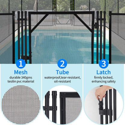 Pool Fence Gate, Modular Removable Safety Barrier with 320GSM Mesh, Connectable Panels for Any Pool Shape, Ideal for Inground, Above Ground Pools, Patios, Gardens, Black Modern Design