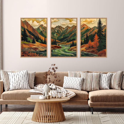 HPINUB Abstract Boho Mountain Framed Canvas Wall Art Set,Vibrant Forest Pine Tree Wall Decor,Textured Landscape Artwork Rustic Linear Scenery Art Print for Living Room,Bedroom,Office-24 x36 x3