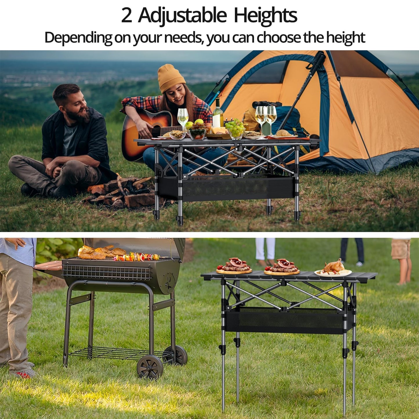 Anbte 3ft Aluminum Roll Top Camping Table, 2 Adjustable Height Camping Table Folding with Storage Net & Bag Lightweight Roll Up Table for Tailgate Outdoor Backyard BBQ Patio Picnic, 32.2” X 16”, Black