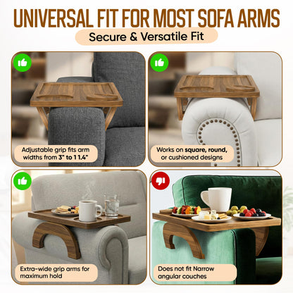Motovatec Acacia Wood Sofa Arm Tray - 3-in-1 Couch Arm Table with Phone Holder, Cup Placer & Foldable Tray - Armrest Clip-On Design for Couch with 360° Rotated Phone Holder