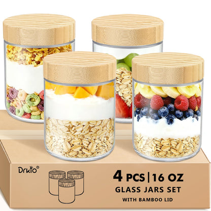 DRKIO 16 Oz Overnight Oats Containers with Bamboo Lids - 4 Pack Glass Storage Jars with Airtight Lids Wide Mouth Mason Food Jars Great for Meal Prep Salad Chia Pudding Snacks Yogurt Sugar Spice Cereal