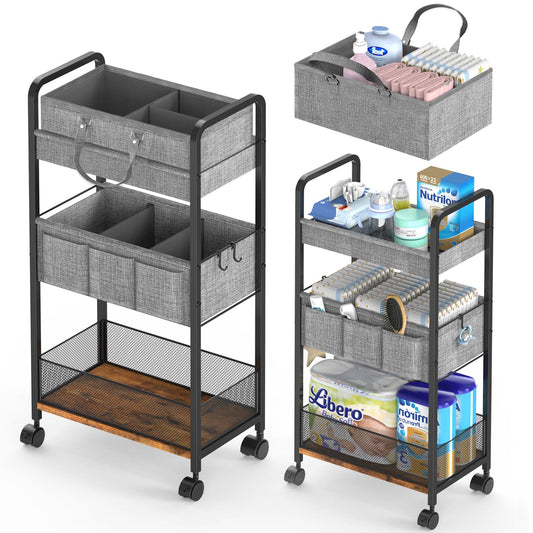 LIDTOP 2In1 Baby Diaper Caddy & 3-Tier Rolling Diaper Cart, Diaper Caddy Organizer Cart with Dividers, Mobile Metal Utility Cart for Nursery Essentials, Detachable Bedside Cart, Large Capacity